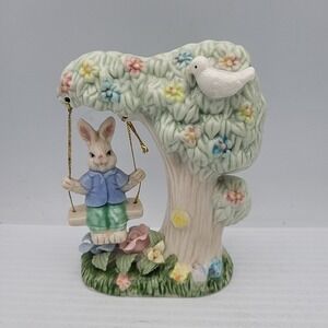 Easter‎ Holiday Rabbit on Tree Swing Porcelain Figurine Boy Bunny K's Collection